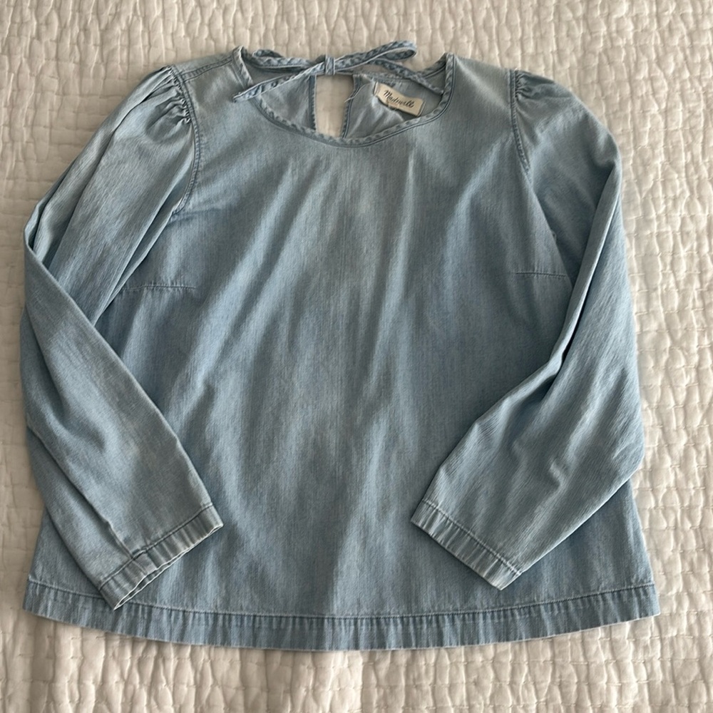 Madewell Chambray Puff Sleeve Tie Top